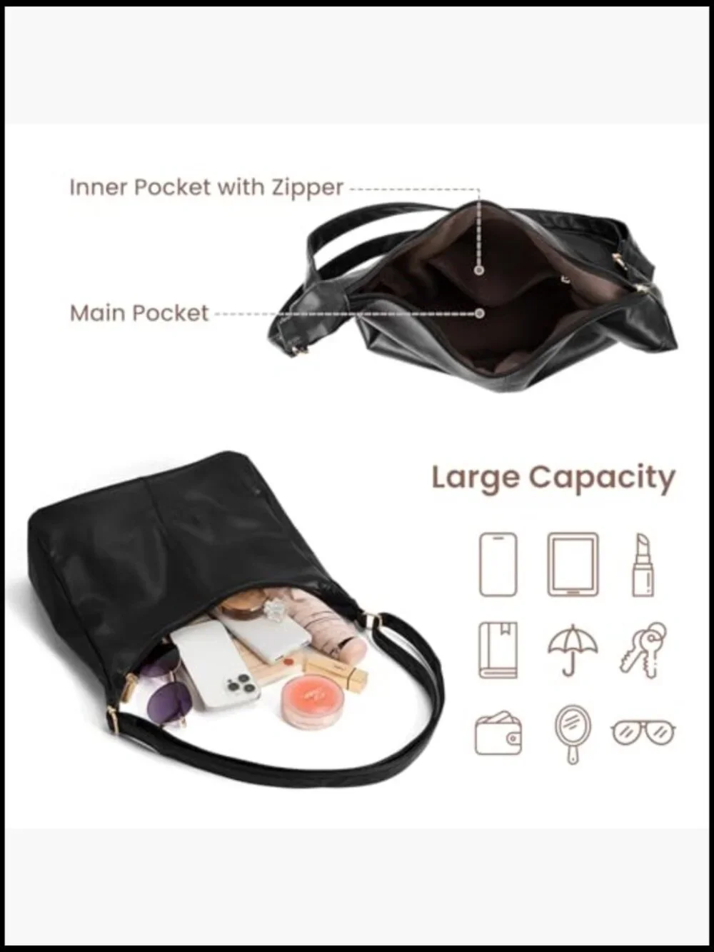 Hobo Tote Bag Faux Leather Slouchy Crossbody Purse Foldable Shoulder Bag